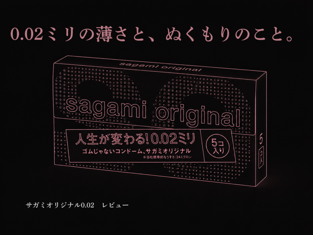 ダークな背景にピンクのラインで描かれたコンドームの箱。「0.02ミリの薄さと、ぬくもりのこと。」「サガミオリジナル002 レビュー」の文字