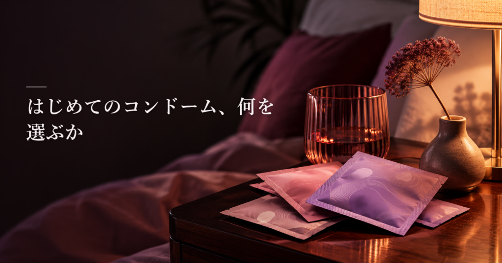 暗く落ち着いた夜の寝室のサイドテーブルに、淡いピンクと紫の正方形の包みが数枚重ねて置かれ、隣にガラスのグラスとドライフラワーを挿した花瓶、温かい間接照明が灯っている様子