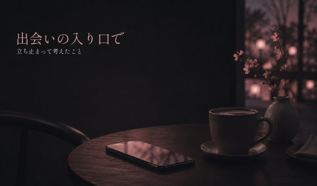 夜のカフェの丸テーブルに置かれたスマートフォンとコーヒー、窓辺の灯り。出会いの入り口で立ち止まる気持ちを表すアイキャッチ画像。