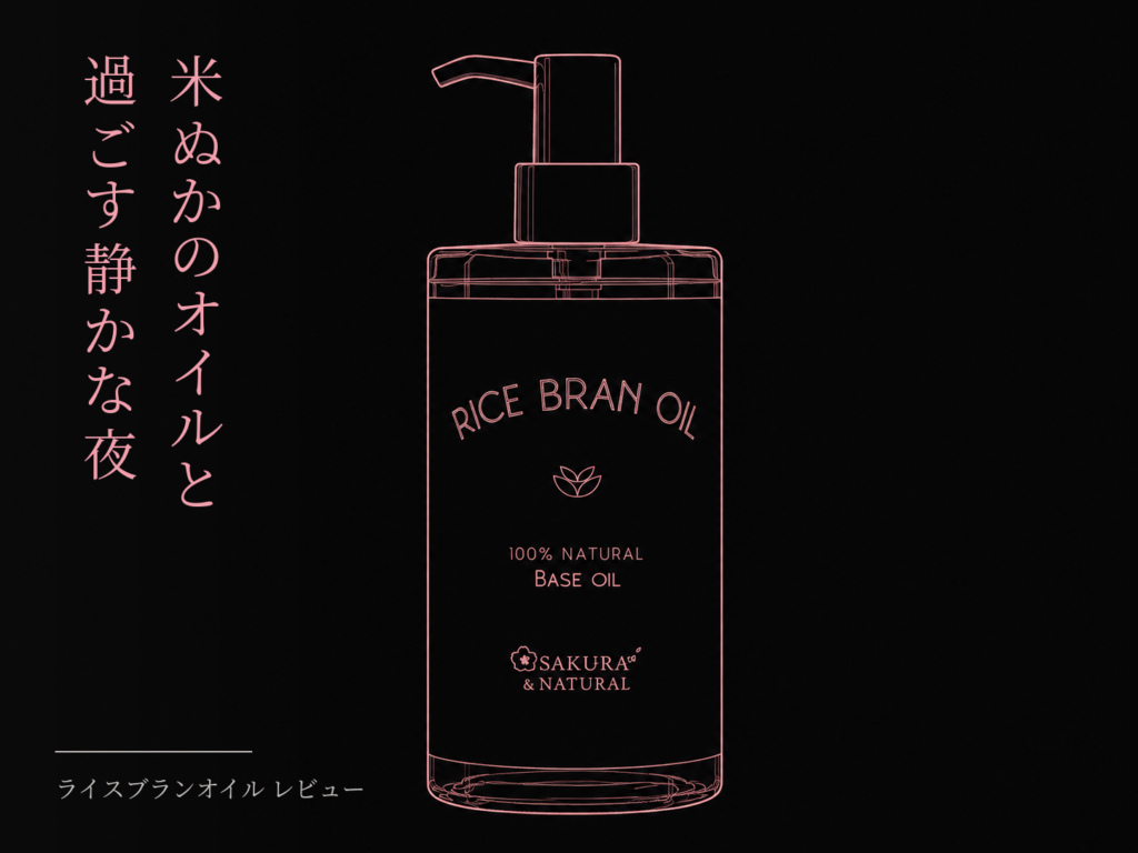 ライスブランオイル(SAKURA&NATURAL)のボトルのラインアートと、記事タイトル「米ぬかのオイルと過ごす静かな夜」