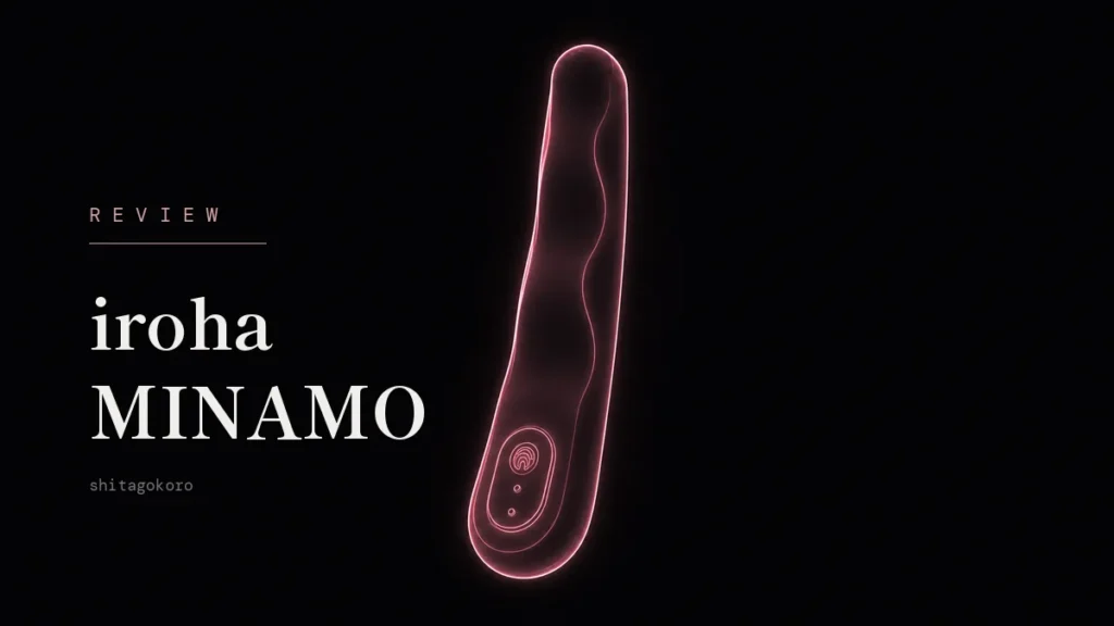 iroha MINAMO(イロハ ミナモ)レビュー記事のアイキャッチ。黒背景に、ロゴピンクのネオン線でやわらかな曲線のシルエットを描いたイラスト