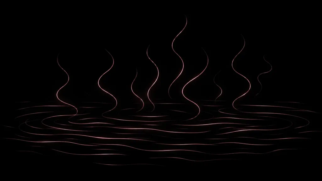 黒背景にロゴピンクの線で、静かな水面から湯気がゆらゆらと立ちのぼるさまを描いた抽象イラスト